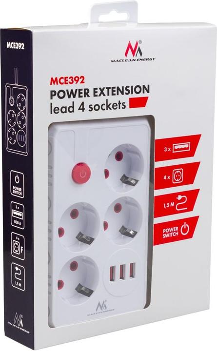 Actual product image Maclean Multiple socket outlet, extension cable with 4 sockets + 3 USB ports (4x, USB-A, 1.50 m)