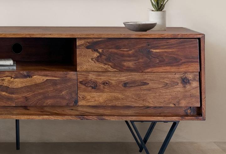 Actual product image FineBuy TV Lowboard Sheesham Massivholz 160 cm Türen Schublade Fach Metallfüsse (160 x 35 x 56 cm)