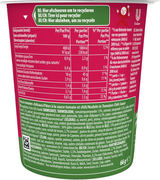 Nutritional values and ingredients Knorr Pasta Snack Arrabbiata cup, instant ready meal with spicy sauce, prepared in 5 minutes (80 g)