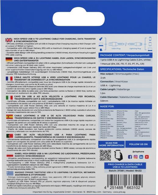 Nährwerte und Zutaten prio Charge & Sync USB A to Lightning Cable MFi certified 1.2m white (1.20 m)
