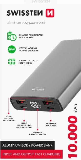 Actual product image Swissten Aluminium POWER BANK 10000 mAh 20W Power Delivery GREY (10000 mAh, 22.50 W, 22.50 Wh)