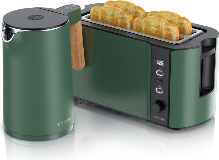 Arendo Frühstücks Set Edelstahl Wasserkocher 1,5l, Holzoptik-Griff & 4-Scheiben Doppelschlitz Toaster, Grün (1.50 l)