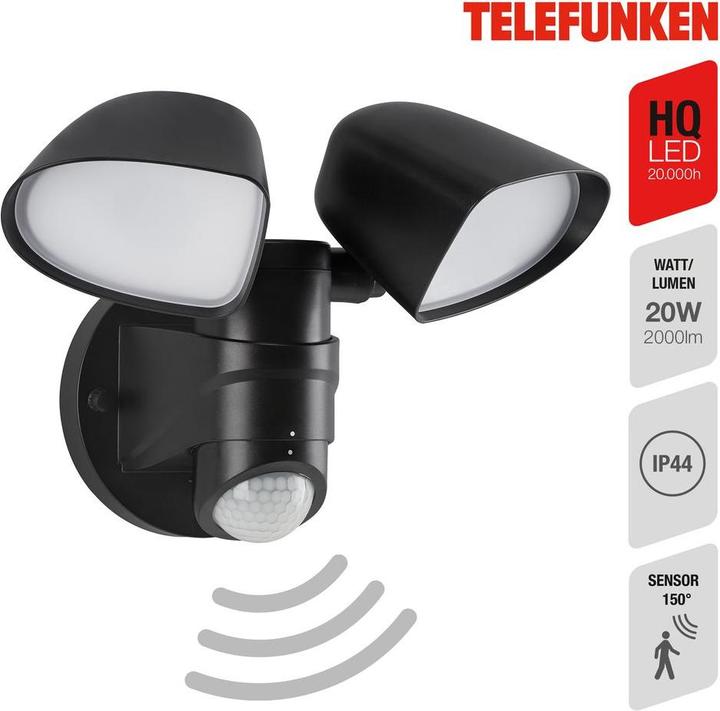Actual product image Telefunken LED sensor floodlight IP44 2x10W 1000 lm 4000 K neutral white H 160 mm black (1000 lm, IP44)
