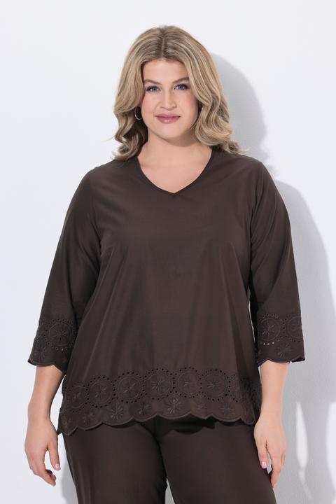 Immagine prodotto Ulla Popken Camicia di cotone biologico con ricami, scollo a V e maniche a 3/4 (58, 60)
