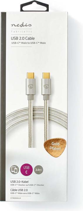 Actual product image Nedis USB cable USB 2.0 USB-C plug USB-C plug 100W 480 Mbps Gold-plated 2.00 m round Braided/N (2 m, USB 2.0, 100 W)