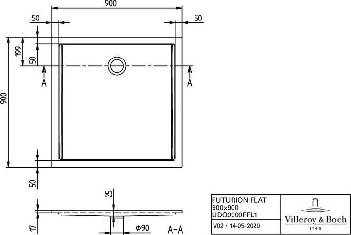 Produktbild Villeroy & Boch Duschwanne Futurion Flat UDQ0900FFL1V 90x90x1,7 cm wei