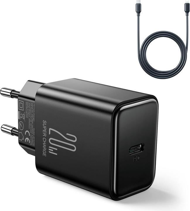 Actual product image Joyroom JR-TCF06 Flash Series PD 20W Single-Port Charger-Black (EU)+C to L Cable 1m-Black (20 W, 1 portion)