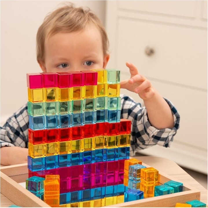 Produktbild TickiT Set mit 100 farbigen und Transparente Acryl-Würfel und einem Spiegelkasten aus Holz