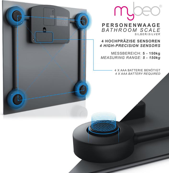Produktbild Mybeo Personenwaage, Digitale Körperwaage mit 3,5" LCD Display, DMS Sensoren, max. 150kg (150 kg)