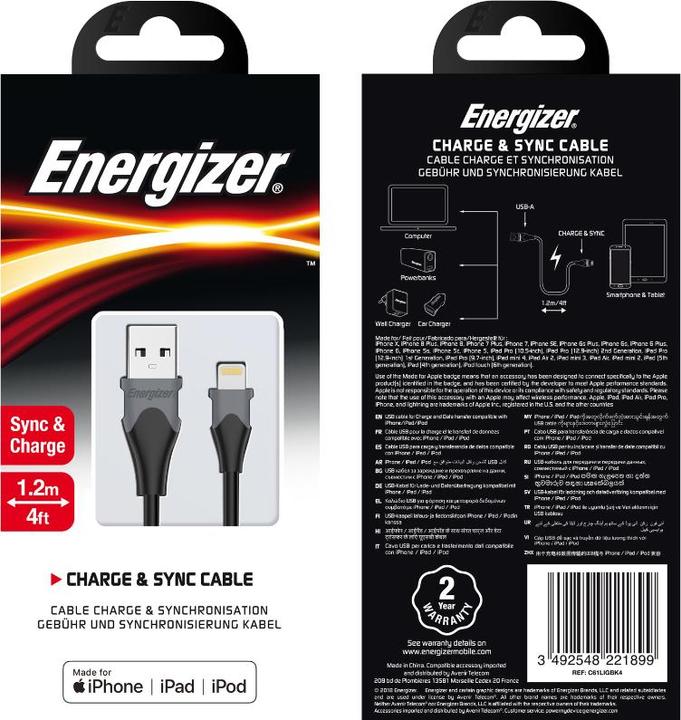 Image du produit Energizer Câble classique lightning bicolore 1.2m noir (1.20 m, USB 3.2 Gen 1)