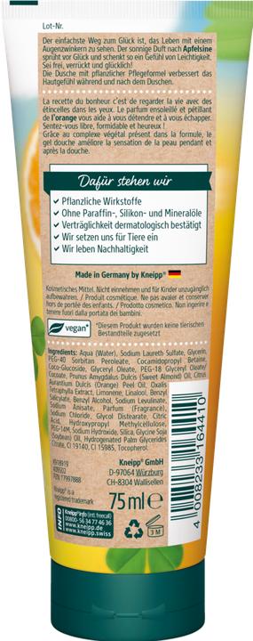 Valeurs nutritives et ingrédients Kneipp Douche Sentez-vous libre, formidable et heureux! Mini (75 ml)
