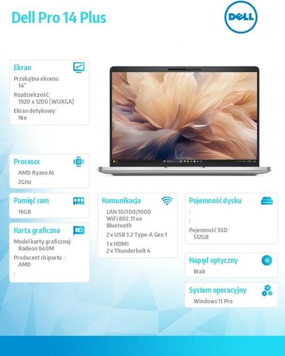 Produktbild Dell Laptop Pro 14 Plus PB14255/AMD Ryzen AI 5 PRO (512 GB, 16 GB, US)