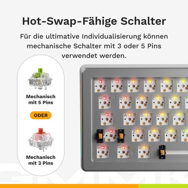 Produktbild Glorious GMMK 3 Pro 100 % Custom Gaming-Tastatur - Pre-Built, ANSI (US), Fox Switches, silber (US, Kabelgebunden)