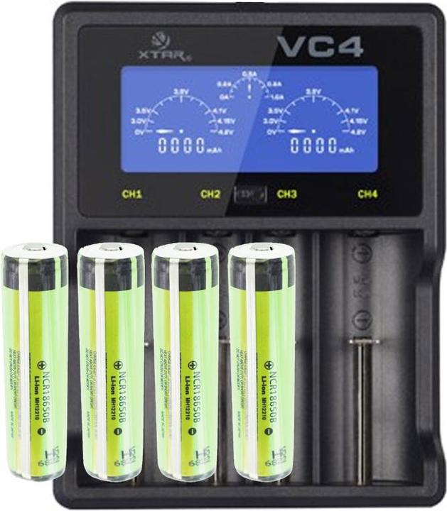 Actual product image Panasonic 18650 battery protected 4 pieces and LCD fast charger (4 pcs., CR123A, 3400 mAh, Battery + charger)