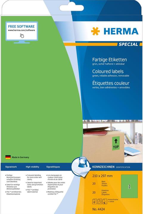 Produktbild HERMA Farbige Etiketten A4 ablösbar