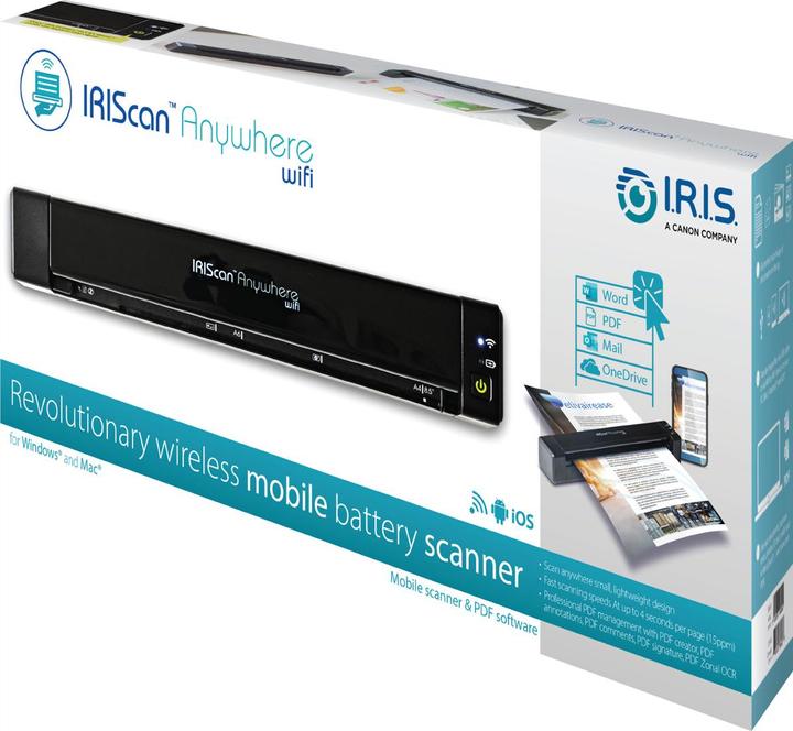 Produktbild Iris IRIScan Anywhere 6 WIFI Simplex 15PPM mit Akku mobiler Dokumentenscanner PDF OCR SW WinMac iOS (USB, WLAN)