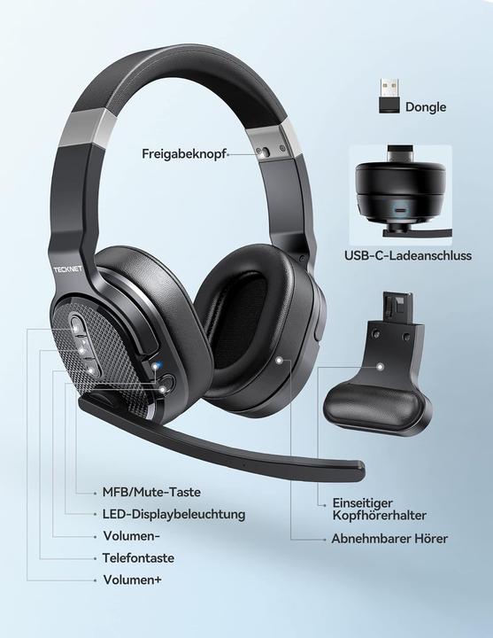 Produktbild Tecknet Bluetooth-Headset mit Mikrofon und Noise Cancelling (Kabellos, USB-C)