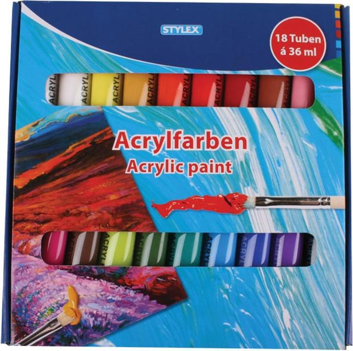 Productafbeelding Stylex Acrylverf 18s 36 ml veelkleurig (Oranje, Rood, Black, Blauw, Groen, Geel, Bruin, Wit, 36 ml)
