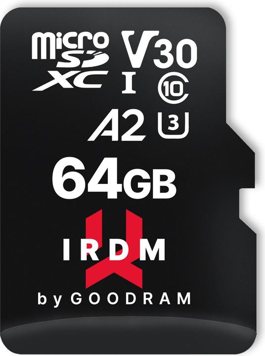 Actual product image Goodram IRDM microSDXC 64GB V30 UHS-I U3 + adapter (64 GB, microSDXC, U3, UHS-I)