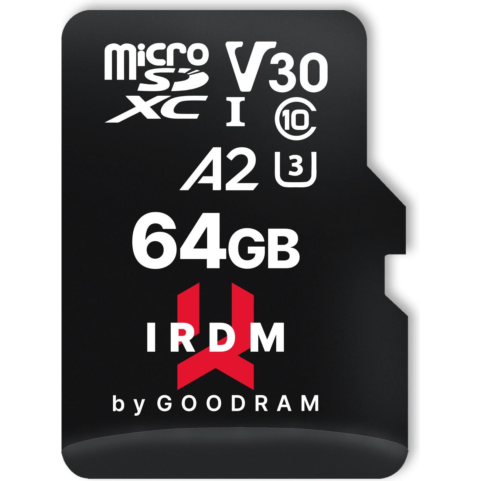 Goodram IRDM microSDXC 64GB V30 UHS-I U3 + adapter (64 GB, microSDXC, U3, UHS-I), Speicherkarte, Schwarz