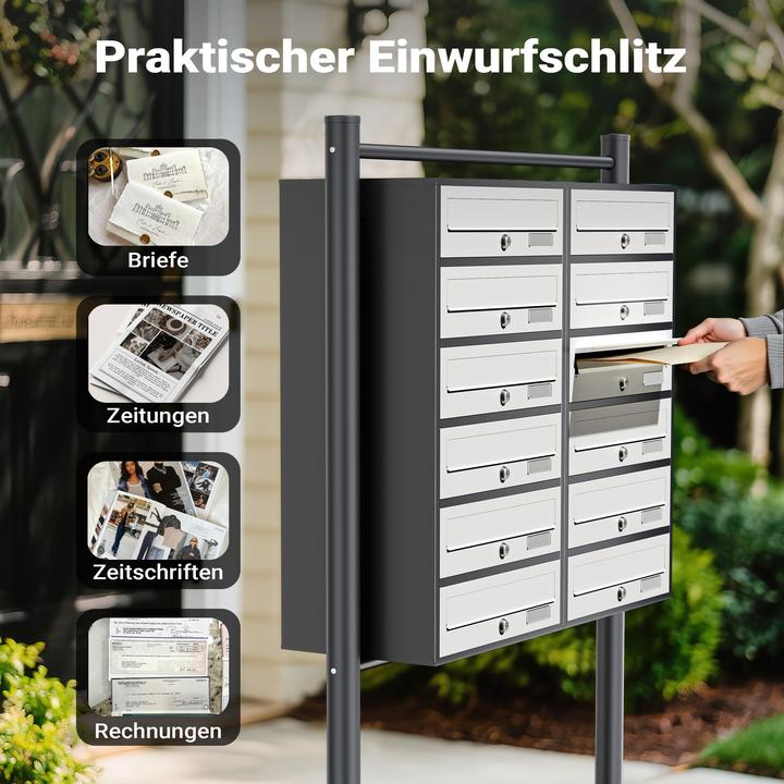 Produktbild Wiltec 12er Briefkastenanlage Anthrazit/Weiss 898x270x1500 mm Standbriefkasten