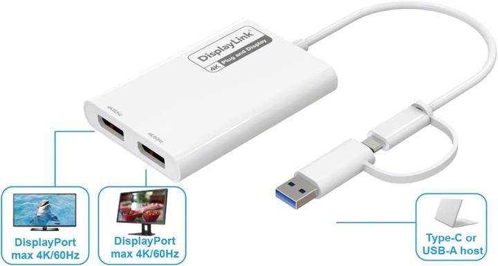 Actual product image Roline Adaptateur USB-C/A DisplayLink USB-C/A - double DP, 4K60 (18 cm)