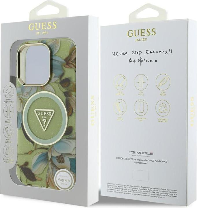 Produktbild Guess - IML Metal Glitter Flowers Triangle MagSafe (GUHMP16XHFLPEDN) - iPhone 16 Pro Max - Green (Apple iPhone 16 Pro Max)