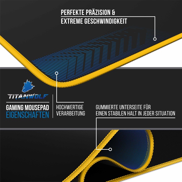 Produktbild Titanwolf Gaming Mauspad, XXL Speed Gaming Mausmatte / Extragrosse Fläche von 900 x 400mm, Kopf gelb (XXL)