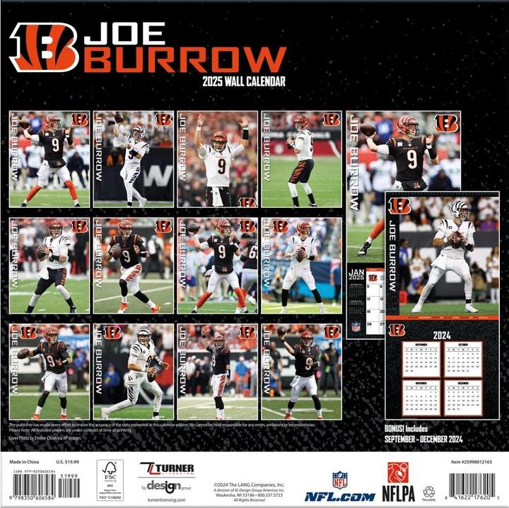 Actual product image NFL - Cincinnati Bengals - Joe Burrow - 30.5 x 30.5 cm Player Wall Calendar 2025 (30.5 x 30.5 cm)