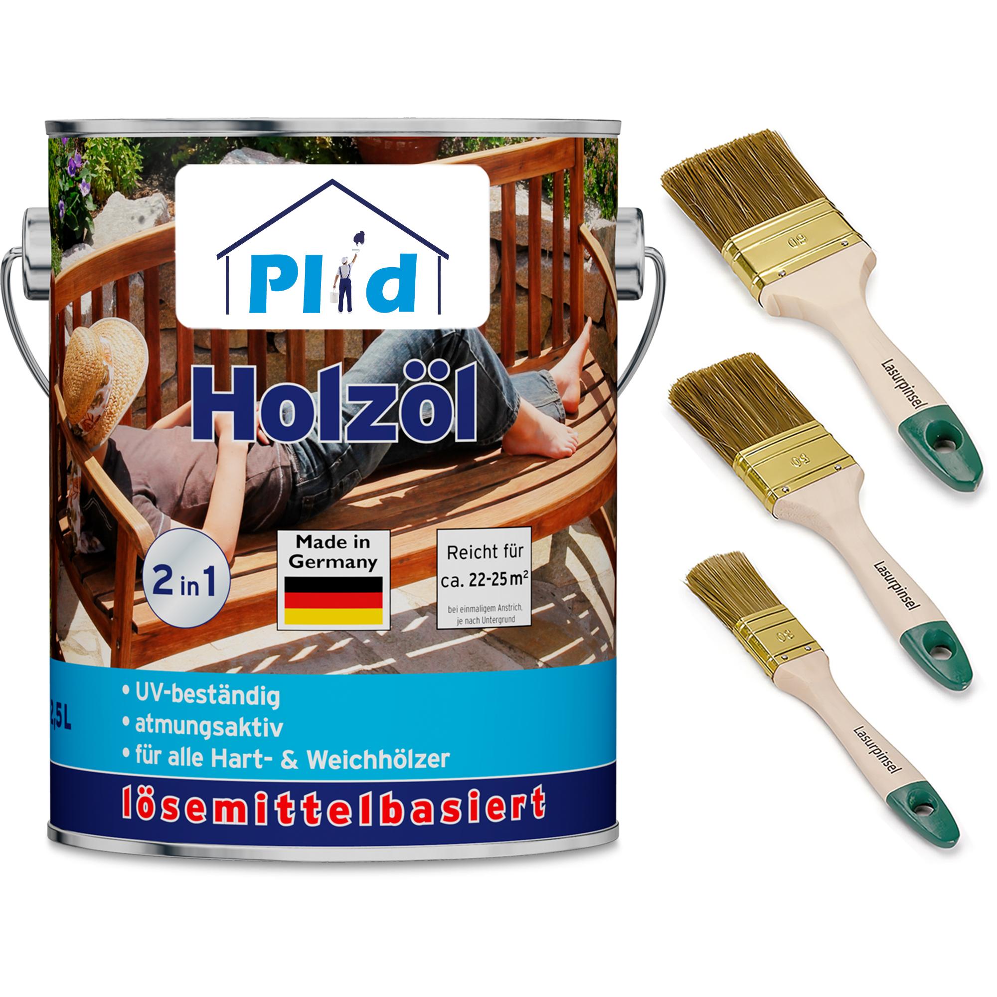 Plid, Holzschutz + Holzpflege, Holzöl 2,5L - für ca. 25m² + Pinselset 3-tlg / Holz Pflegeöl Gartenmöbel (Teak, 2.50 l)