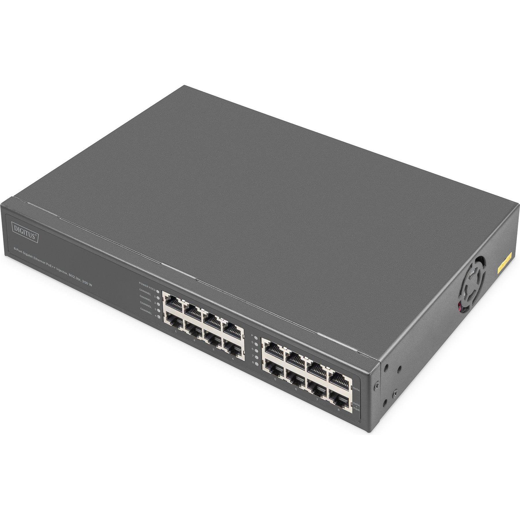Digitus Iniettore Gigabit Ethernet PoE+ a 8 porte, 802.3bt, 250 W (8 porte), Switch di rete, Grigio