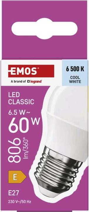 Produktbild Emos LED Lampe Classic Mini Globe / E27 / 6,5 W (60 W) / 806 lm / Kalt-Weiss (E27, 806 lm, 1 x)