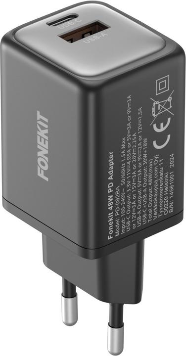 Produktbild FoneKit 48W GaN PD Power Adapter, USB-C + USB-A, black (48 W, 2 Ports)