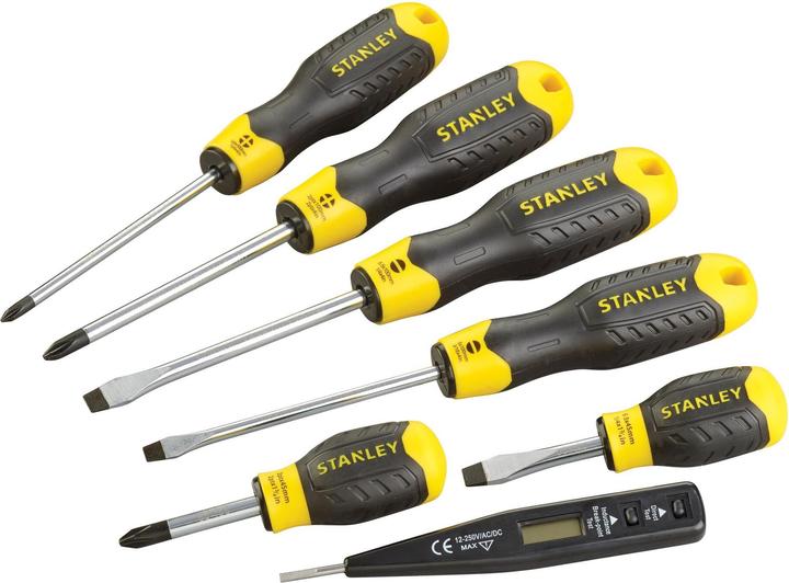 Stanley Jeu de tournevis CushionGrip 6 pièces, avec détecteur de tension (Recouvrement cruciforme Phillipps (PH), Vis fendues)