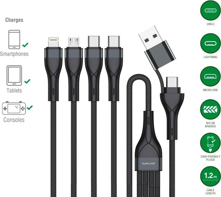 Immagine prodotto 4smarts Cavo di ricarica multiplo 4in2 (1.20 m, USB 2.0, 15 W)