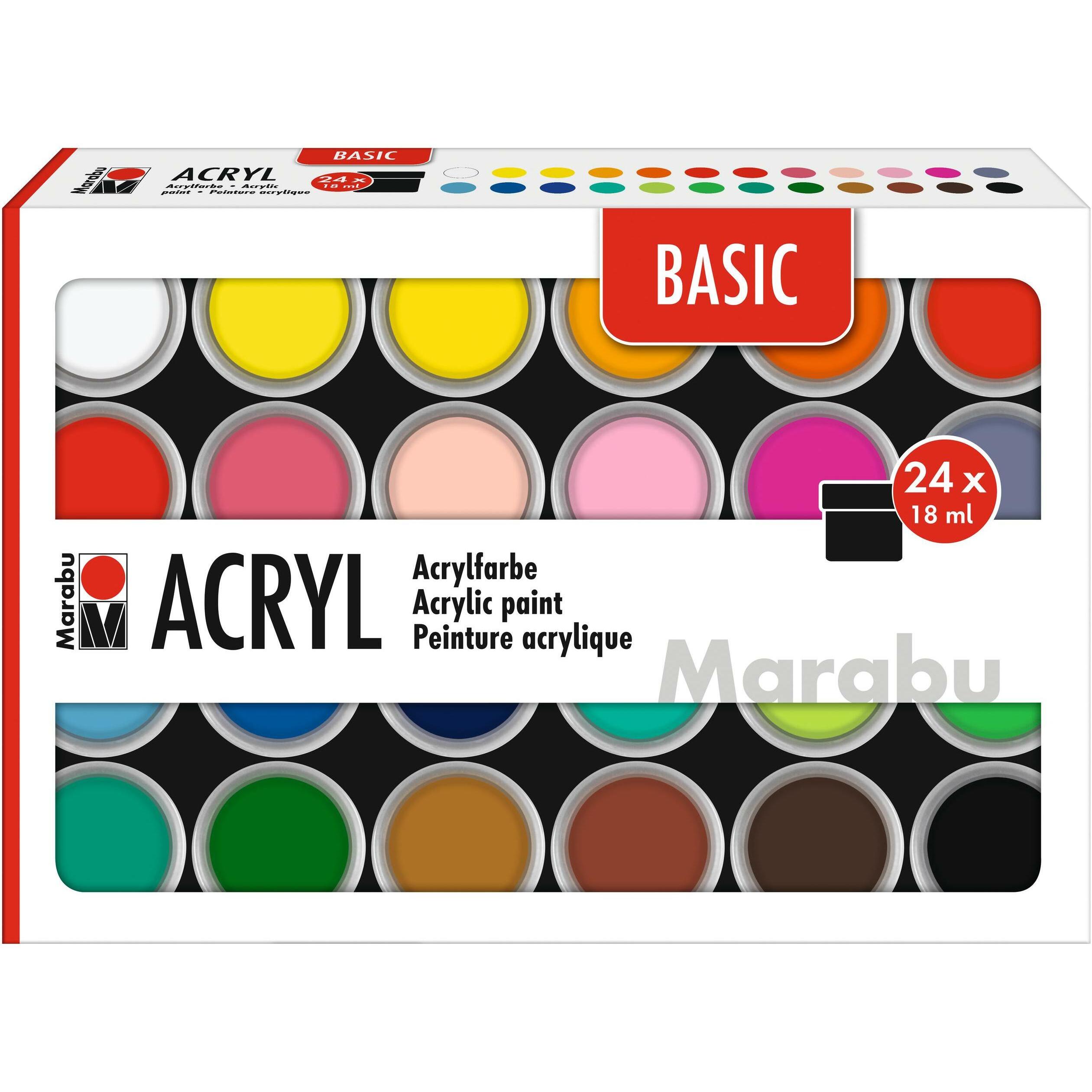 Marabu, Künstlerfarbe + Bastelfarbe, Acrylfarbe Basic Set 24 x 18 ml (Mehrfarbig, 1334 ml)