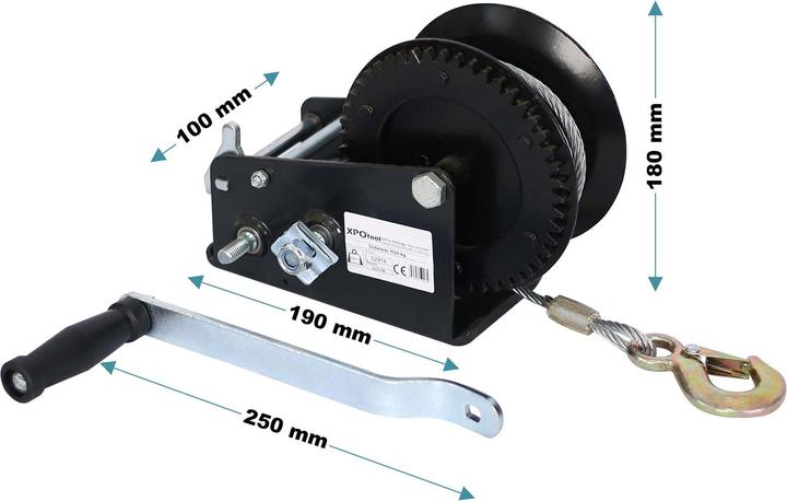 Actual product image XPOtool Cable Winch with Hand Crank and 10m Steel Wire Rope for Pulling up to 1500kg Heavy Duty Load