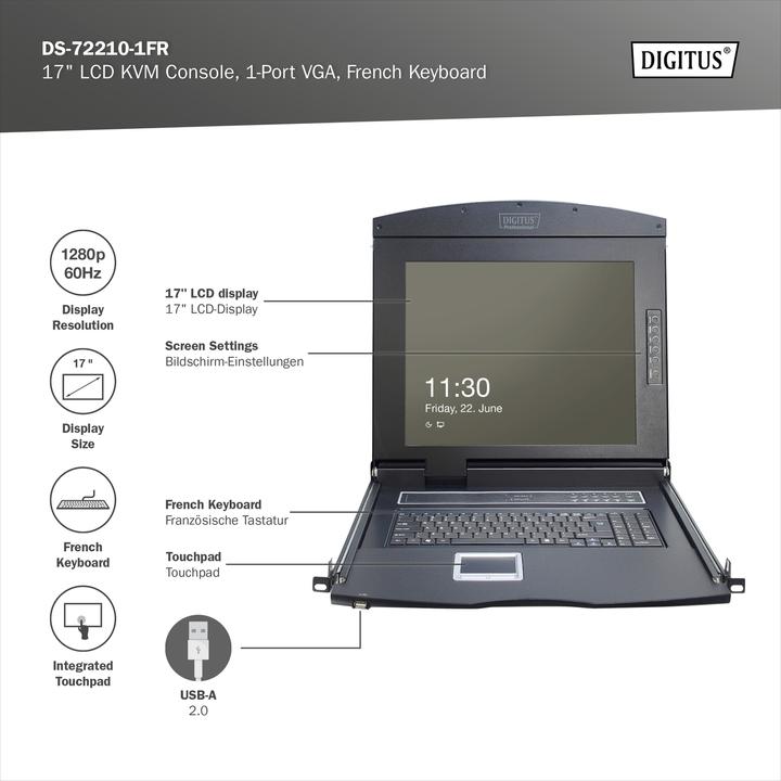 Actual product image Digitus Modular console with 17" TFT (43,2cm), 1-port KVM & Touchpad, french keyboard