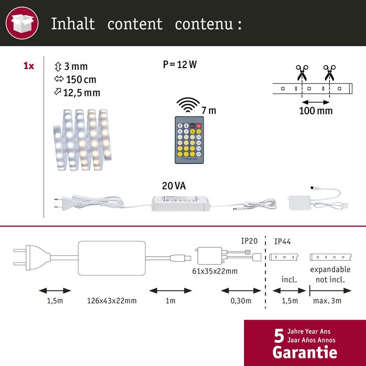 Immagine prodotto Paulmann Set di strisce MaxLED 500 (Bianco caldo, Bianco neutro, Luce del giorno, 150 cm, Interno)