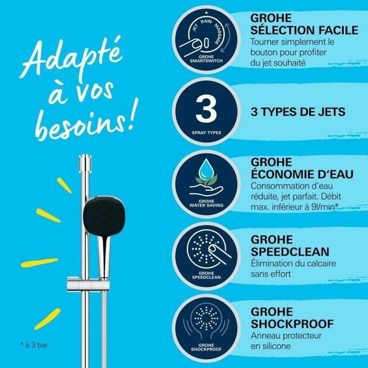 Produktbild Grohe Vitalio Comfort 110 QuickFix Brausestangenset, kleben oder bohren, Länge 600mm, 3 Strahlarten, wasse