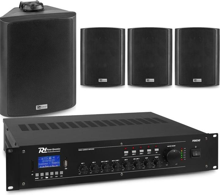 Actual product image Power Dynamics Outdoor Speaker Set Black - 4 speakers and 4 -zone amplifier - Bluetooth - 100v (Active)