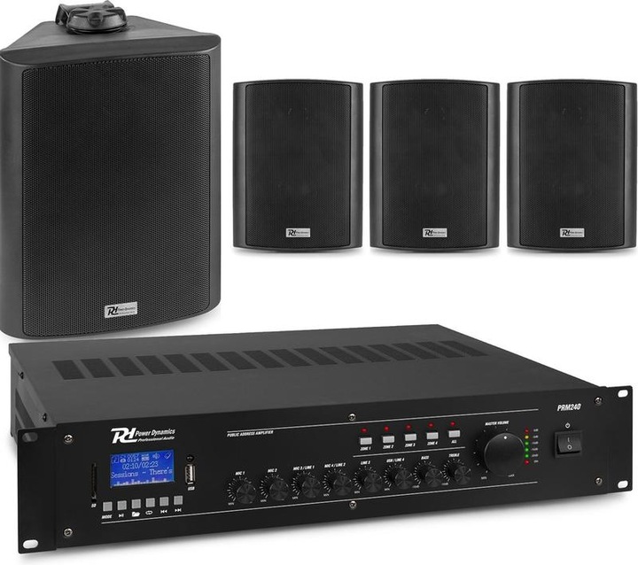 Power Dynamics Outdoor Speaker Set Black - 4 speakers and 4 -zone amplifier - Bluetooth - 100v (Active)