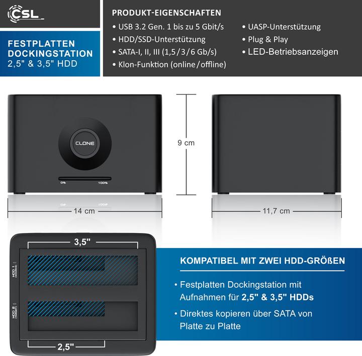 Produktbild CSL Festplatten Dockingstation, USB 3.2 Gen 1 Festplattendockingstation, Klonfunktion für 2,5" & 3,5"