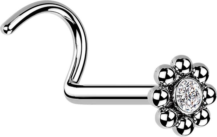 Produktbild Star Piercing Nasenstecker gebogen silber Blume mit Kugeln und Kristall (ohne Messing, Chirurgenstahl 316L)