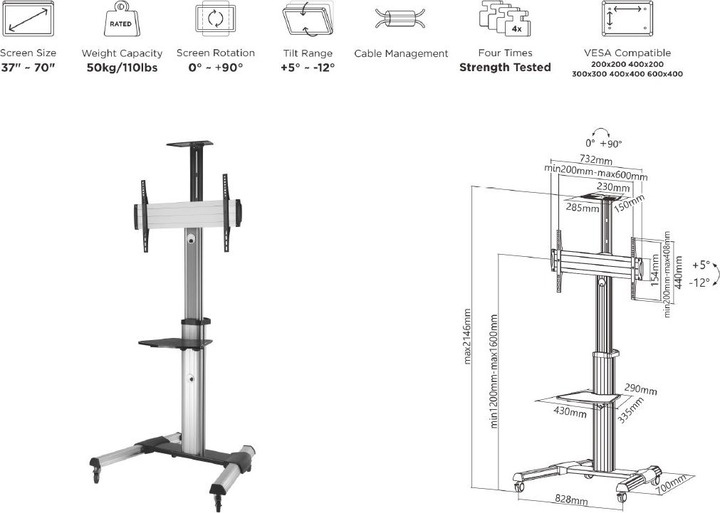 Actual product image equip TV trolley (LCD, 70", 50 kg)