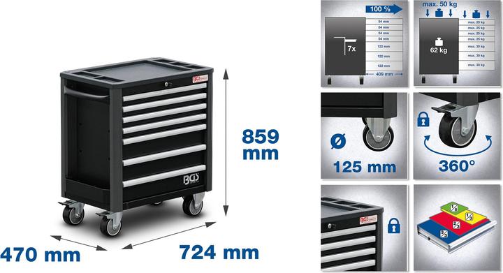 Actual product image BGS Workshop Trolley 7 Drawers extra low total Height with 209 Tools (209x)