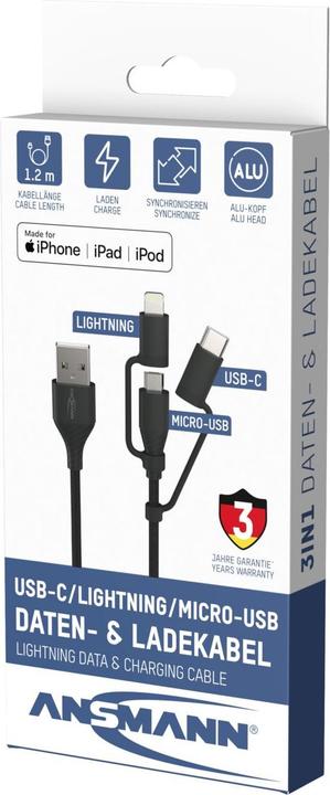 Actual product image Ansmann Data/charging cable USB 3in1 120cm (1.20 m, USB 2.0)