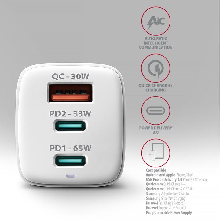 Image du produit Axagon ACU-DPQ65W, GaN nabíječka do sítě, 3x port (USB-A + dual USB-C), PD3.0/QC4+/PPS/Apple (65 W)