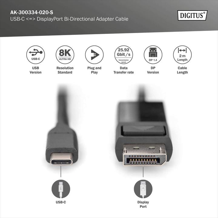 Produktbild Digitus DisplayPort — USB Typ C (2 m, DisplayPort, 1.4)