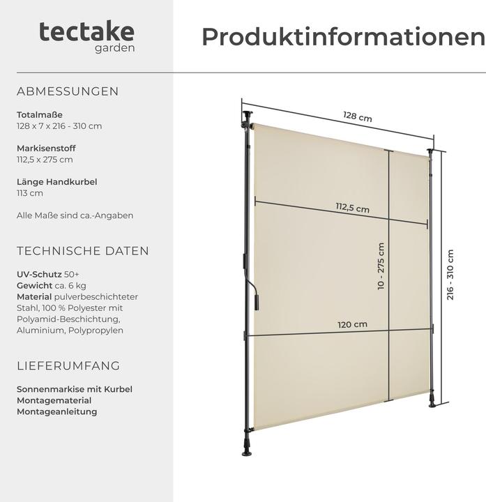 Produktbild tectake Klemmmarkise Taija mit Handkurbel (1.28 m)